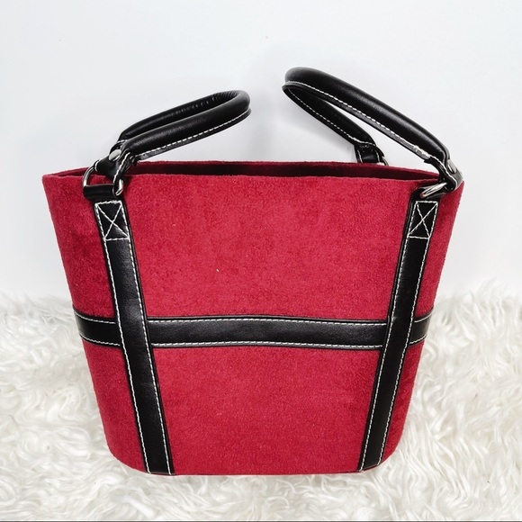 Red Faux Suede Vegan Leather Open Bucket Handbag - Picture 1 of 3